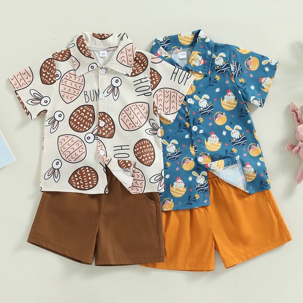 

clothing sets 1222 lioraitiin 05years baby kids boys easter shorts set short sleeve rabbit print buttondown shirt shorts 230418, White