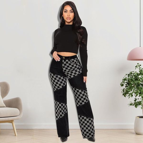 

jeans ewsfv 2022 winter women new fashion trend personality casual print check color contrast straight jeans, Blue