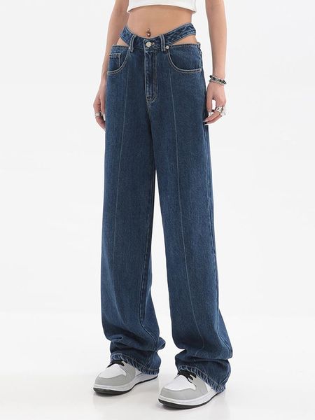 

jeans women's jeans hollow out ladies blue high waist mom pants y2k vintage harajuku streetwear fashion pocket wide leg denim trousers