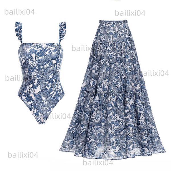 

women's swimwear blue printed one piece swimsuit and skirt high waist slim strap bikini chiffon elastic beach skirt trendy elegant 2022, White;black