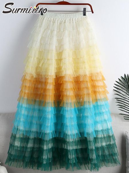 

dresses surmiitro 2022 spring summer korean fashion rainbow colors mesh tulle women long high waist pleated a line skirt female, Black;gray