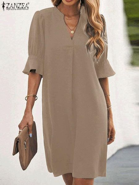 

dresses zanzea 2022 stylish ol work kneelength dress robe femme casual vestidos women summer elegant v neck half sleeve solid sundress, Black;gray