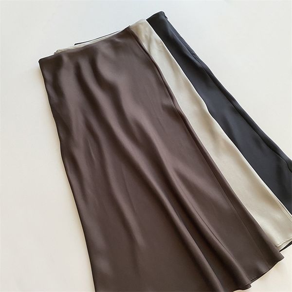 

skirts trumpet midi skirt women silk high waist solid color ladies jupe spring summer 230418, Black