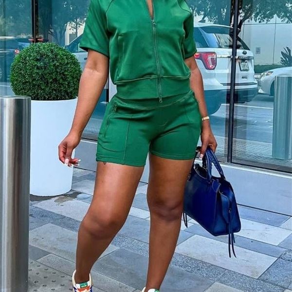 

women's tracksuits women two piece casual tracksuits short sleeve zip up jacket slim shorts set 230417, Gray
