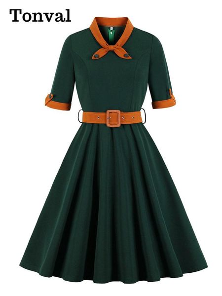 

dresses tonval green contrast bow neck and cuff vintage belted dress half sleeve autumn women fit and flare retro swing dresses, Black;gray