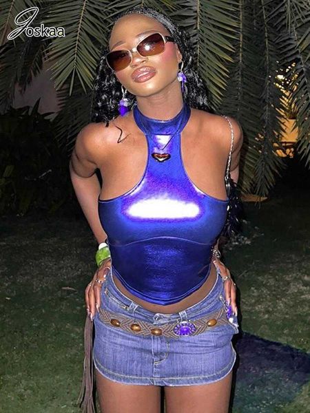 

women's tanks camis joskaa metallic shiny tank women clothes summer 2023 casual halter sleeveless backless slim crop blue vest streetw, White