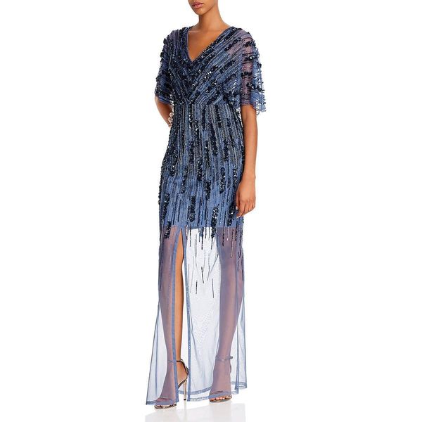 

women's blue beaded evening dress short split, Black;red
