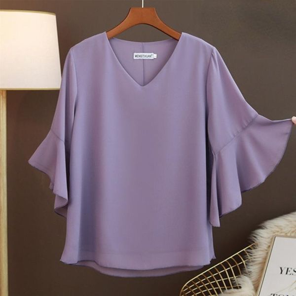 

t-shirt new arrival fashion brand 2022 summer new women's chiffon shirt vneck shortsleeved large size loose and thin women's shirt, White