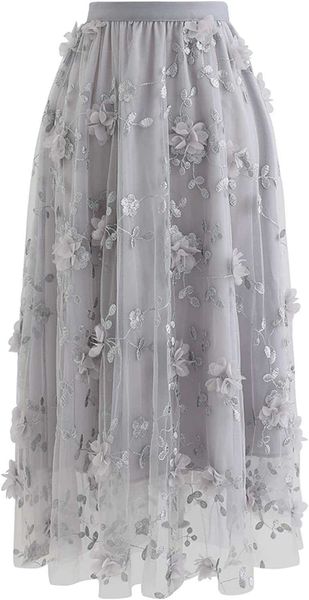 

chic women's caramel/dusty blue/white/black 3d posy double-layered mesh midi skirt