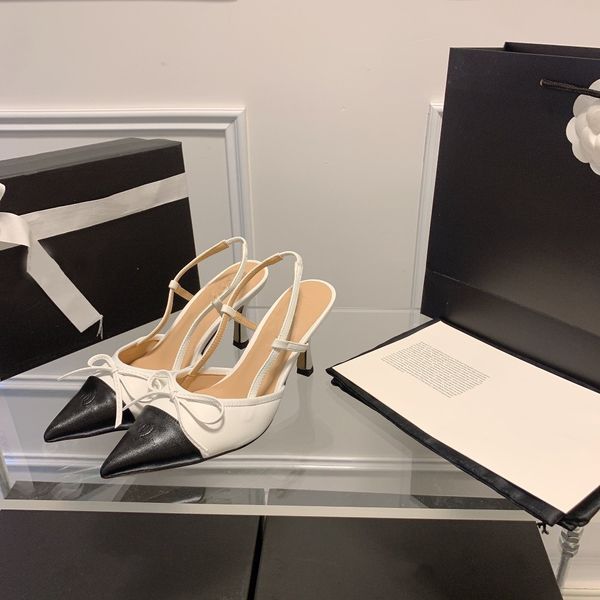 

cf 7cm designer women party wedding dress slides chan nel kitten heels bowknot slingback sandals summer womens designer shoes pointed toes p, Black
