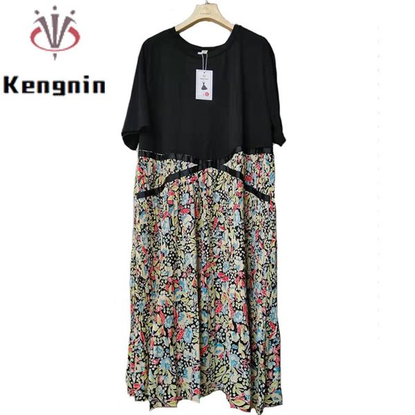 

dresses 2022 summer plus size 5xl women's dresses short sleeve tshirt dress print patchwork pleated robe fake two piece dress ke1062, Black;gray