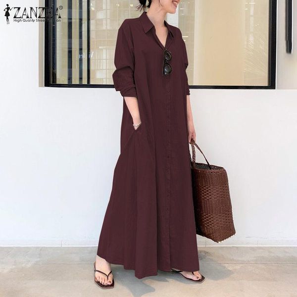 

dresses 2022 zanzea women shirt dress autumn lapel neck long sleeve maxi sundress elegant office work solid long vestidos, Black;gray