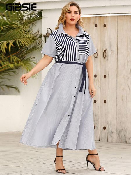

dresses gibsie striped color block belted shirt dress women summer short sleeve aline casual dresses plus size office maxi long dress, Black