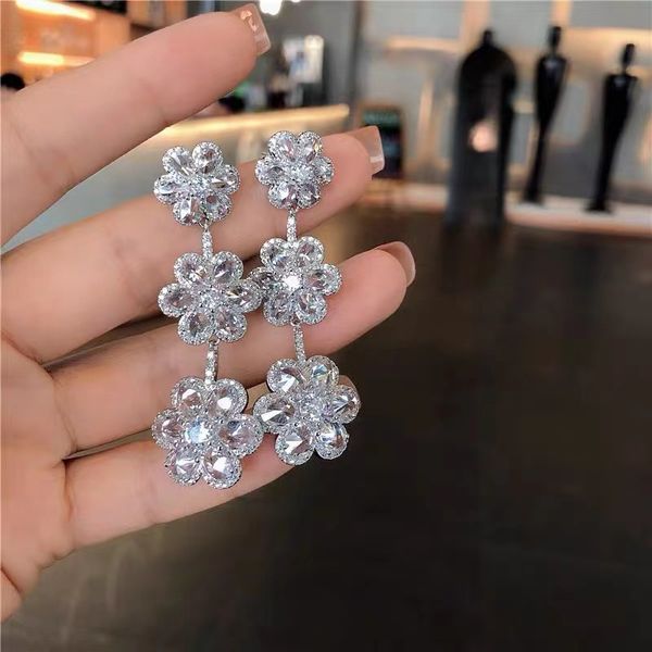 

flower diamond earrings 925 sterling silver party wedding drop dangle earrings for women bridal promise engagement jewelry gift