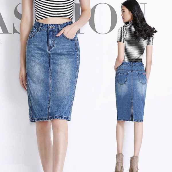 

dresses summer women clothing denim fabric washed skirts buttocks skirts knee length high waist women skirts cowboy solid color, White;black
