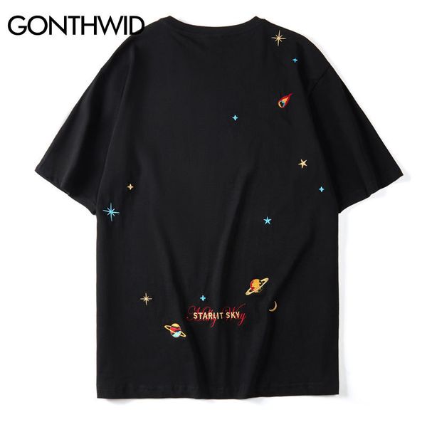 

mens tshirts gonthwid embroidery planets stars tees shirts streetwear harajuku casual short sleeve tshirts mens hip hop fashion summer 2304, White;black