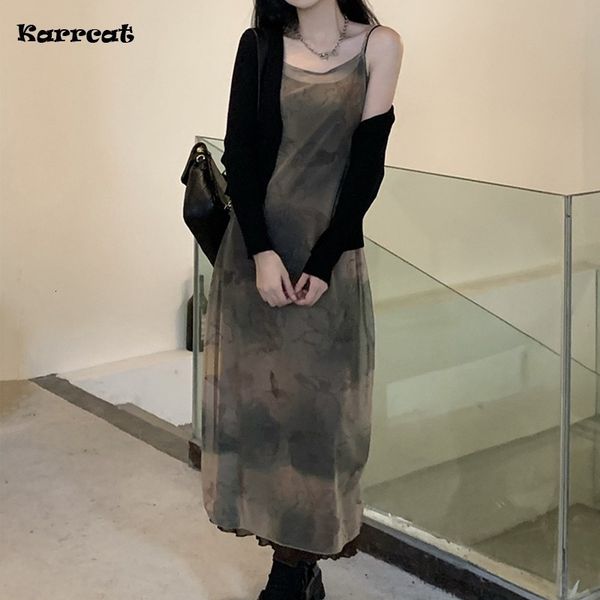 

casual dresses karrcat vintage tie dye print mesh dress grunge gothic spaghetti strap midi dress korean style party dress fairycore vestidos, Black;gray
