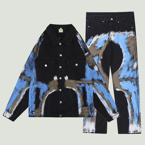 

men's tracksuits streetwear tie-dyed painted denim sets mens hip hop harajuku spliced multi-pockets lapel jacket casual jeans pants sui, Gray