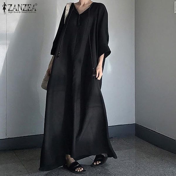 

dresses zanzea women dress autumn black maxi long sundress robe vintage v neck sleeve cotton linen vestido solid kaftan femme 7, Black;gray