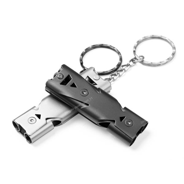 

high decibel whistle portable keychain stainless steel double pipe camping hiking emergency survival whistle outdoors tools 2023 cheerleadin