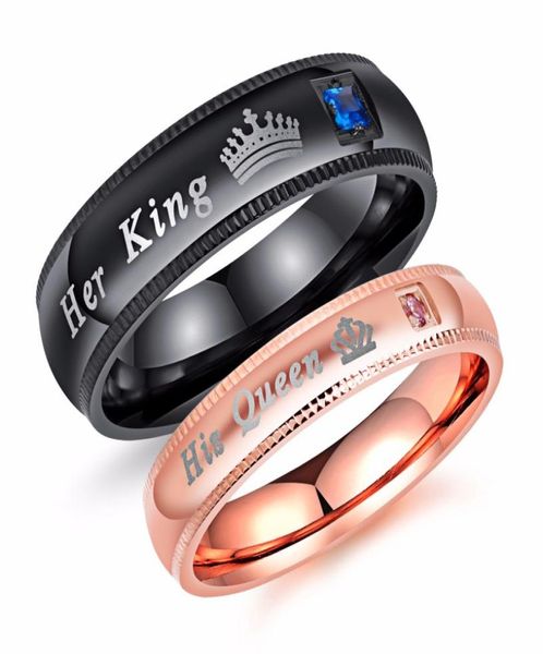 

her king his queen couple band engraved ring titanium steel personality designer romantic ring men women engagement wedding trendy8206256, Silver
