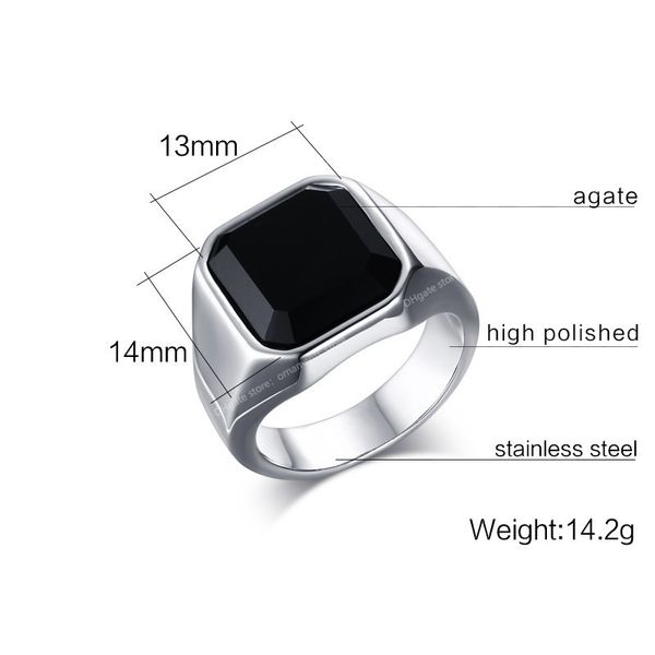 

vantage black onyx signet ring mens stainles steel classical plain square husbands man anel fashion jewelryrings onyx men finger rings, Golden;silver