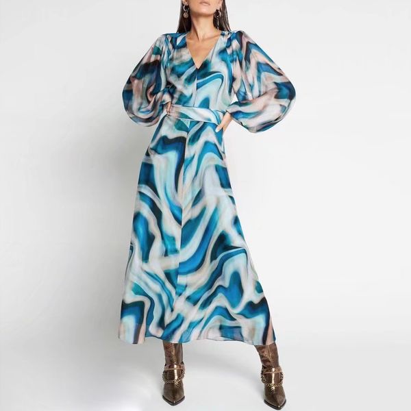 

fanncy dress eater wave printed v-neck gathered waist long dress, Black;gray