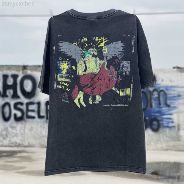 

men's t-shirts saint michael 23ss men women t shirt washed distress vintage casual oversized short sleeve tees, White;black