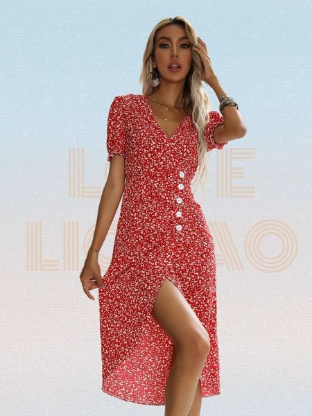 

dresses fashion red printing chiffon dress 2022 summer new floral ruffle short sleeve slim vneck irregular long dress women boho dress, Black;gray