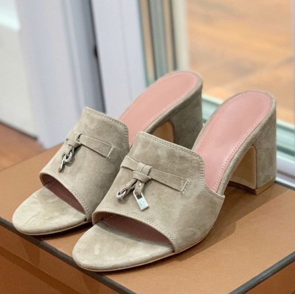 

summer loropianas charms slides embellished suede slippers luxe sandals shoes genuine leather open toe casual flats for women luxury factory, Black