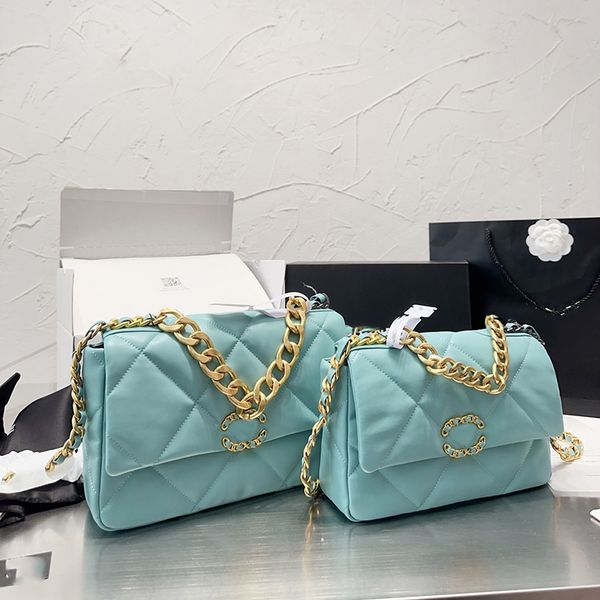 

19 designer womens shoulder bag genuine leather hardware metal turn buckle gold thick chain handbag crossbody bag clamshell multi-color make