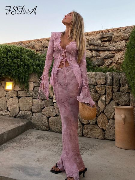 

two piece dress fsda print y2k mesh long sleeve shirts green and maxi skirt bodycon two piece sets beach outfits women club 230417, White