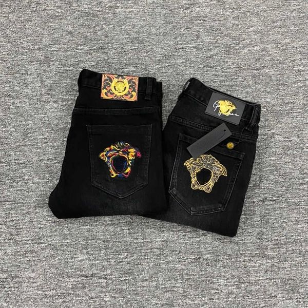 

summer light luxury jeans designer pants embroidered denim trousers mens black slim slacks skinny jeans, Blue