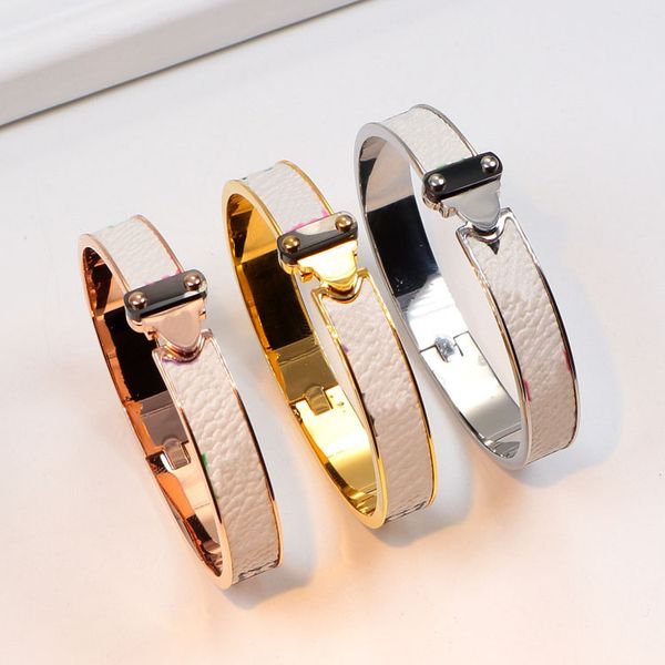 

designer jewelry gold bangle wide black leather bracelets men charm bracelet for women hand strap brown flower pattern 4 colors logo stamp p