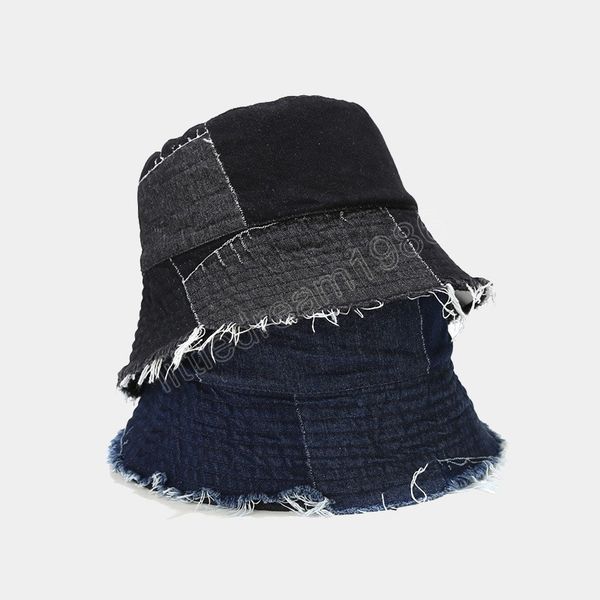 

bucket hat women summer hats patchwork washed denim bucket hat hip hop solid wide brim cotton beach fishing cap panama, Blue;gray