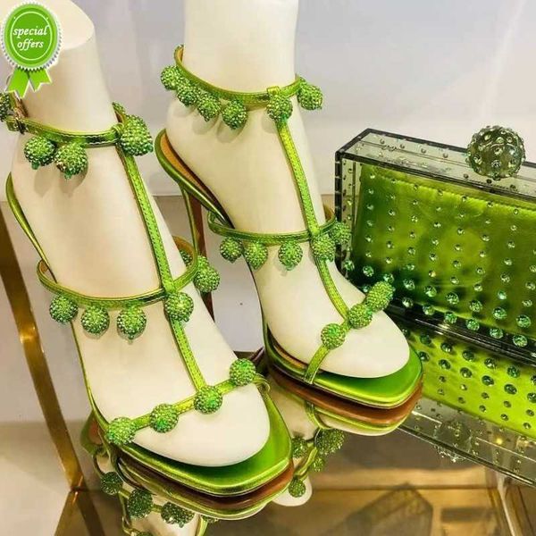 

designer sandals high-heeled fashion aquazzura sandals green party dress shoes stiletto mules diamond ball embellished metal sheepskin 9.5cm, Black