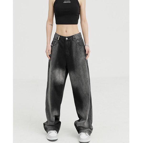 

jeans women black ripped jeans vintage washed wide leg pants straight high waist baggy casual fashion denim trouser ladies summer, Blue