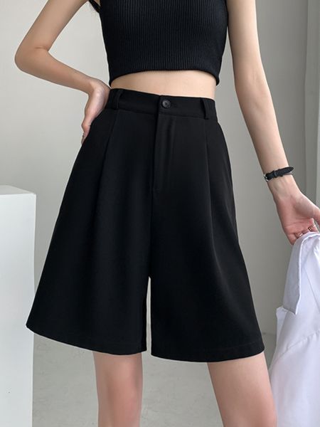 

women's shorts summer women's suit shorts casual loose wide leg long shorts pockets office solid knee-length pants oversize shorts, White;black