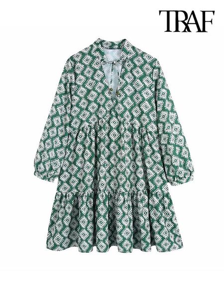 

dresses traf women fashion with ties printed ruffled mini dress vintage v neck three quarter sleeve female dresses vestidos mujer, Black;gray