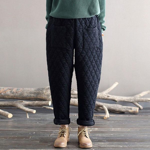 

capris johnature women warm quilted pants elastic waist loose solid color thick trousers 2021 autumn winter new vintage pocket pants, Black;white