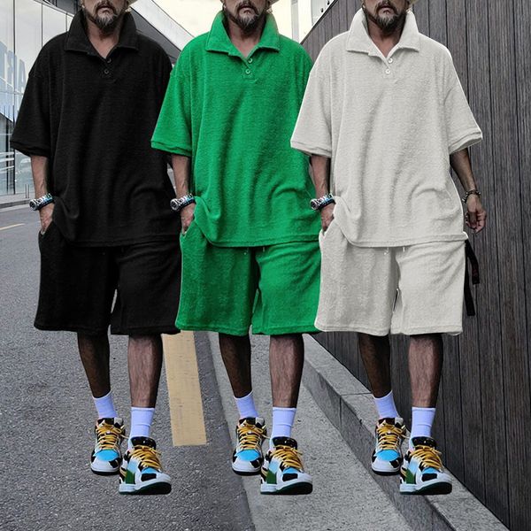 

men's tracksuits polo suit fashion men sets mens solid color summer v neck zipper short sleeve shirt shorts two pieces sports casual 23, Gray