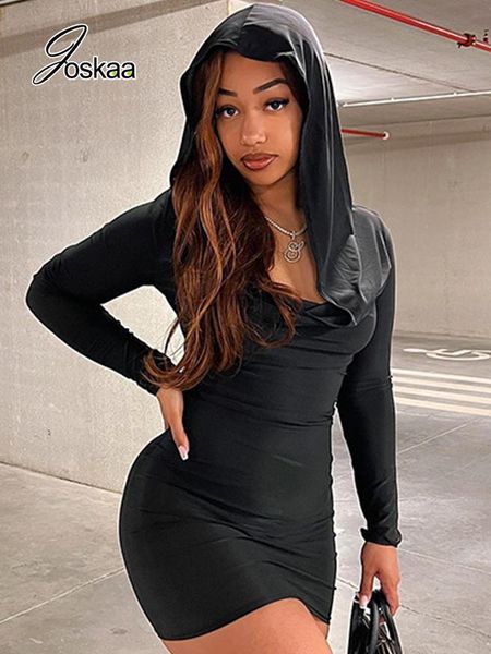 

dresses joskaa fashion hooded long sleeve black dress for women 2022 autumn elegant night club wear lowcut bodycon mini desses, Black;gray