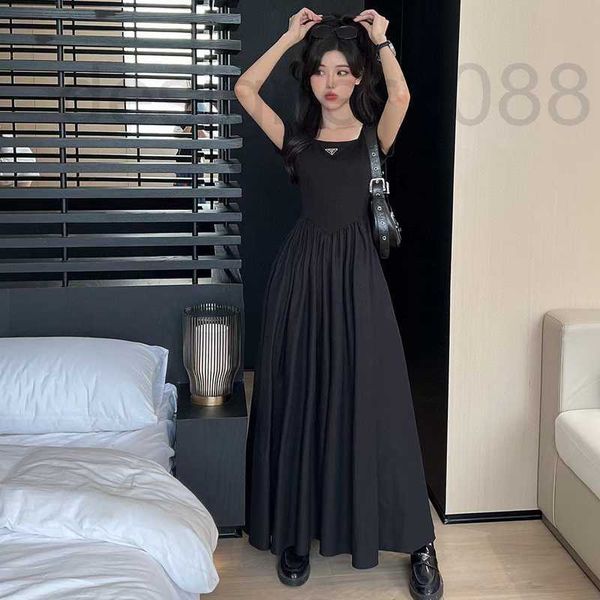 

casual dresses designer summer new french celebrity style square neck short sleeve fashionable and versatile, slim pleated black long 9xsc, Black;gray