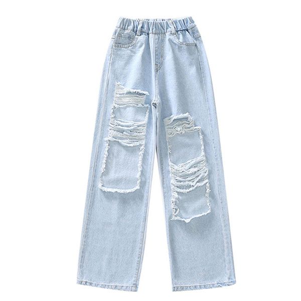 

jeans kids girls fashion loose ripped jeans elastic waistband pockets wide leg distressed denim pants for daily wear, Blue