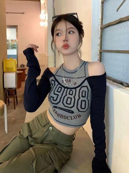 

women's t-shirt deeptown y2k streetwear vintage korean crop women american retro letter printed t shirts off shoulder aesthetic clothes, White