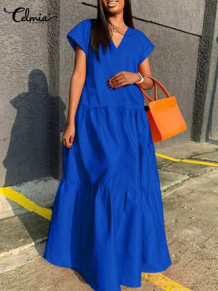 

dresses celmia 2022 summer aline maxi dress fashion v neck short sleeve stitching pleats long robe beach casual streetwear women dress, Black;gray