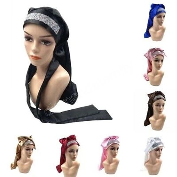 

solid color satin long night cap fashion womens hair care beauty bonnet comfortable rayon lace up sleep hat, Blue;gray