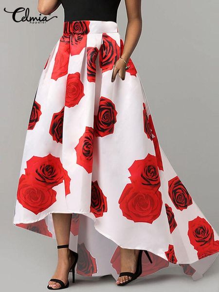 

dresses celmia bohemian floral printing skirts fashion holiday swing skirt women high waist asymmetrical long jupes casual aline faldas, White;black