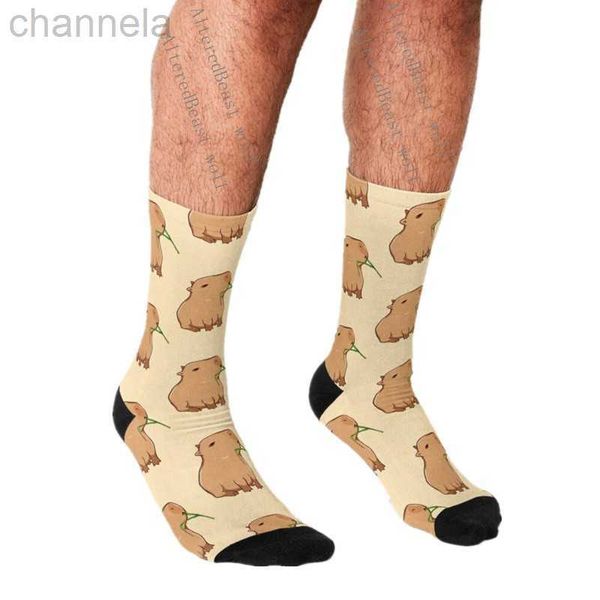 

men's socks funny socks capybara with a leaf harajuku men happy hip hop novelty cute boys crew casual crazy for men, Black