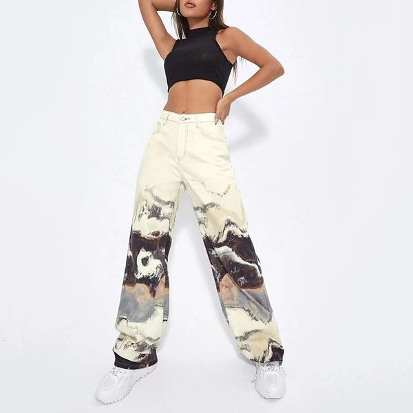 

women's jeans halo ink painting jeans 2023 summer fashion personality high waist splicing straight pants y2kwomen's pants 230418, Blue